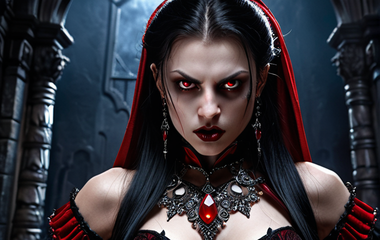 **Reyna: Alluring vampire warrior, intense gaze, dark aesthetic with red and black colors, ornate jewelry, dynamic action pose.**