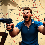 A humorous Valorant challenge scene: A player with only a pistol, facing a difficult enemy team on a Valorant map, with exaggerated expressions of determination and slight panic. The scene emphasizes the ridiculousness of the situation with comedic visual effects.