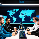A diverse team of five professional Valorant esports players, adult, fully clothed in modest, clean team jerseys, actively engaged in a strategic discussion in a high-tech gaming room. They are gathered around a large central monitor displaying a Valorant map, pointing and gesturing to communicate intricate tactics. The atmosphere is focused and collaborative, emphasizing seamless teamwork and perfect communication. The setting includes multiple illuminated gaming monitors, premium headsets, and ergonomic gaming chairs. The image should feature perfect anatomy, correct proportions, well-formed hands, proper finger count, and natural body proportions. Captured with professional photography, high quality, studio lighting, safe for work, appropriate content, professional dress, family-friendly.