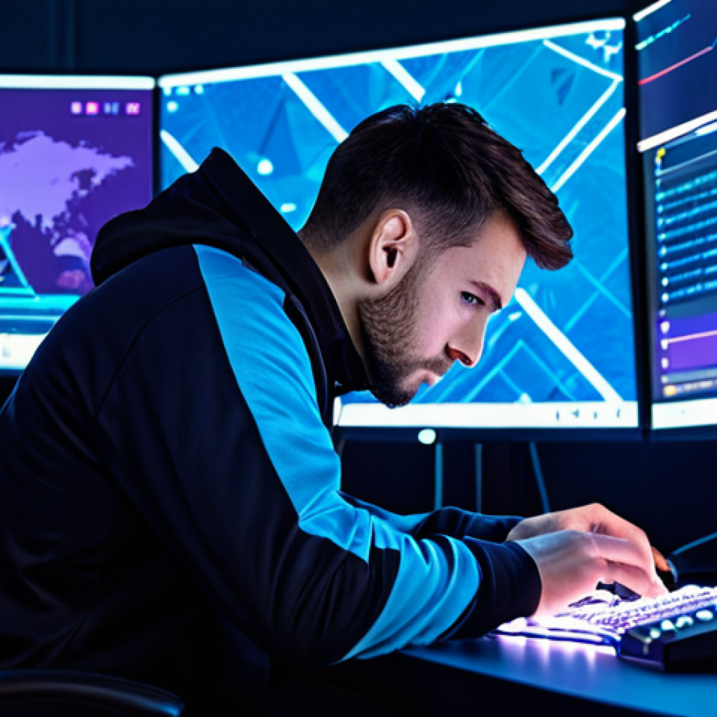 A focused professional esports athlete, male, wearing a modern esports jersey and comfortable yet professional attire, deeply concentrating at a high-tech gaming desk. The scene is set in a futuristic training room with subtle holographic UI elements displayed on the monitor, reflecting a strategic map. Vibrant blue and purple LED lighting illuminates the space. The player's hands are precisely positioned on the keyboard and mouse, embodying intense concentration. fully clothed, appropriate attire, modest clothing, safe for work, appropriate content, professional, perfect anatomy, correct proportions, natural pose, well-formed hands, proper finger count, natural body proportions, high-resolution, studio photography, sharp focus.