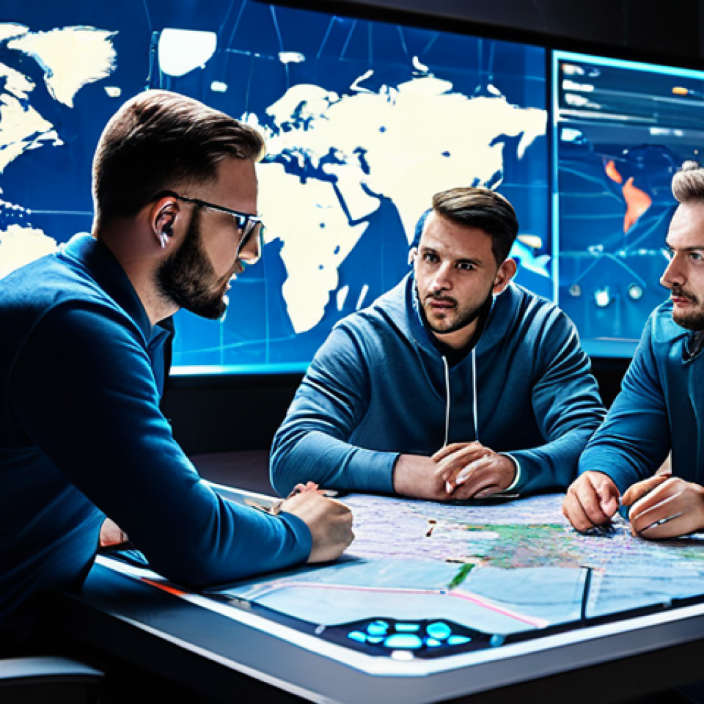 발로란트 경기 중 필수 전략 - **Strategic Valorant Team:** A fully clothed team of professional Valorant players strategizing arou...