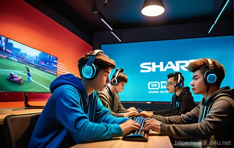 발로란트 프로팀과 아마추어팀 비교 - A dynamic scene in a modern, vibrant esports cafe. Several diverse teenagers, aged 15-17, are intens...