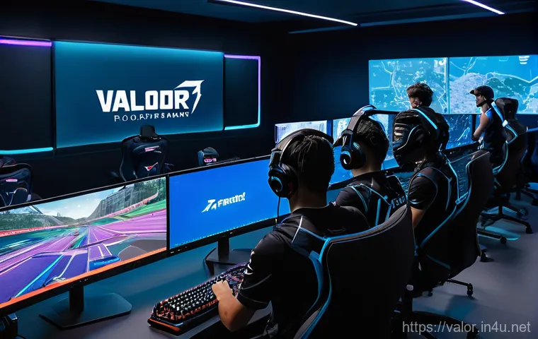 발로란트 프로팀과 아마추어팀 비교 - A dynamic scene in a modern, vibrant esports cafe. Several diverse teenagers, aged 15-17, are intens...