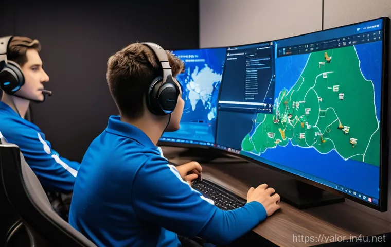 발로란트 프로팀과 아마추어팀 비교 - An expansive, state-of-the-art esports training facility. In the foreground, a professional Valorant...