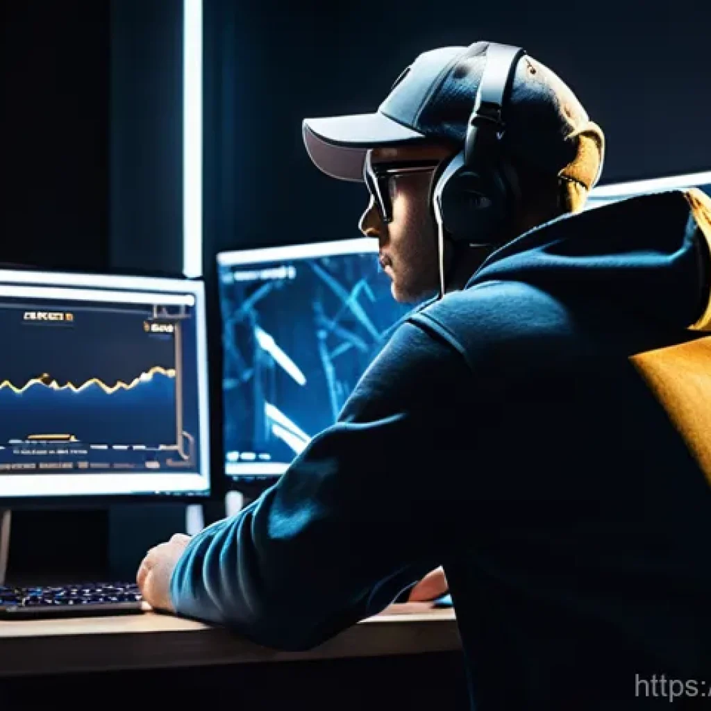 발로란트 랭크 시스템 이해 - A focused Valorant player, dressed in casual gaming attire (hoodie, t-shirt, jeans), sits at a high-...