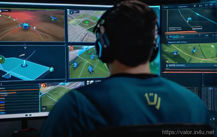 발로란트 랭크 시스템 이해 - A focused Valorant player, dressed in casual gaming attire (hoodie, t-shirt, jeans), sits at a high-...