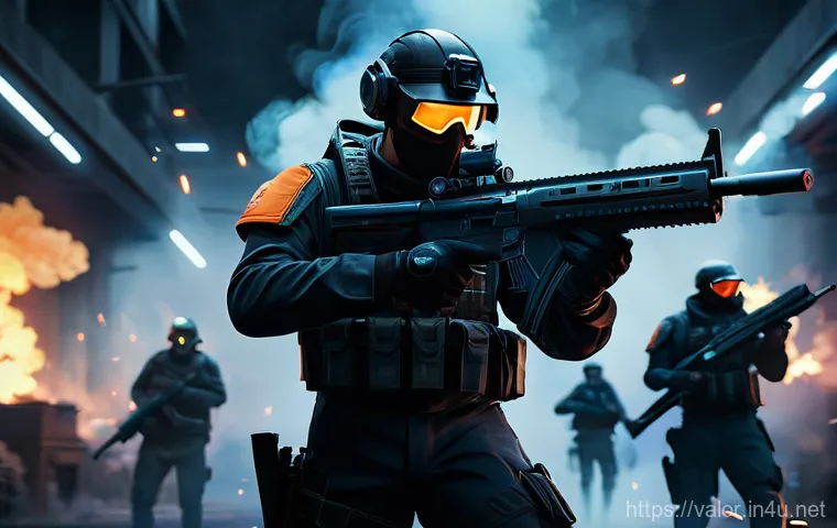 발로란트 최고의 에이전트 공략 - A dynamic, cinematic shot of Valorant agents Omen and Brimstone collaborating on a futuristic battle...