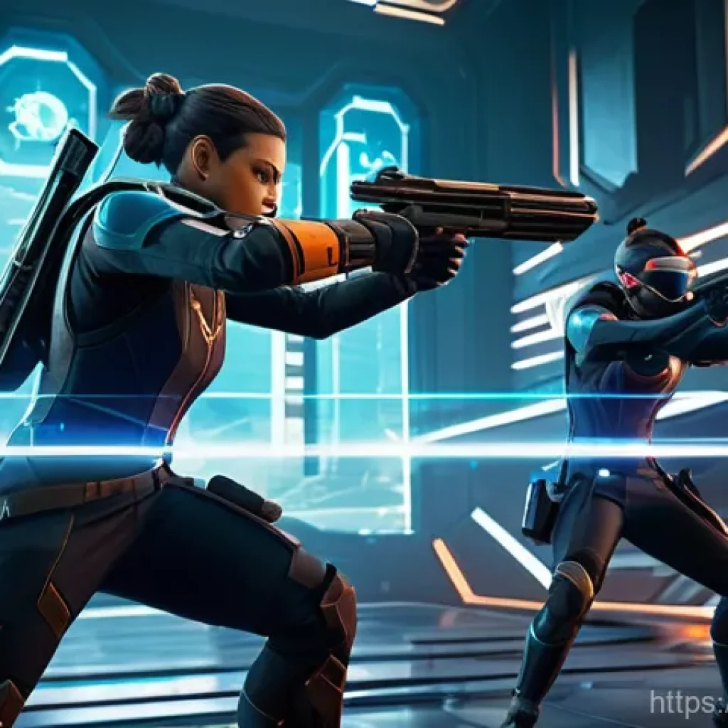 발로란트 유저 리뷰 콘텐츠 - A dynamic, high-angle shot capturing a chaotic yet strategic moment on a futuristic Valorant map. A ...