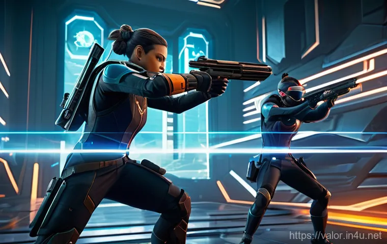 발로란트 유저 리뷰 콘텐츠 - A dynamic, high-angle shot capturing a chaotic yet strategic moment on a futuristic Valorant map. A ...