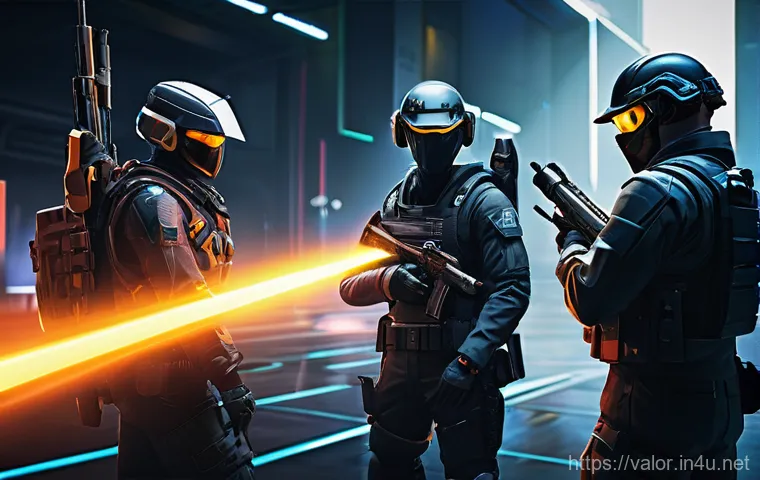 발로란트 유저 리뷰 콘텐츠 - A dynamic, high-angle shot capturing a chaotic yet strategic moment on a futuristic Valorant map. A ...