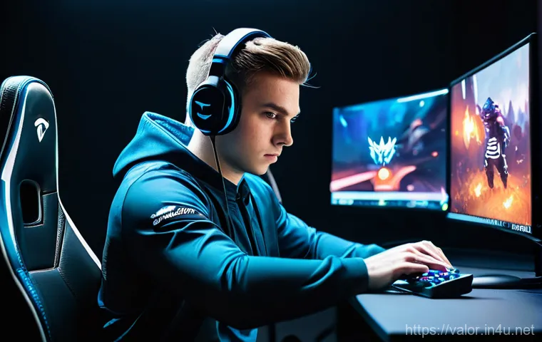 발로란트 프로의 연습 스케줄 - A focused young male professional Valorant player, approximately 20-25 years old, is intensely engag...