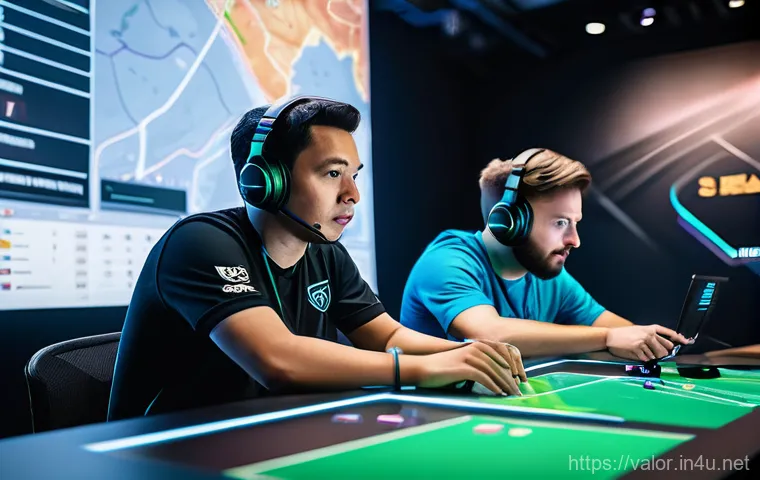 발로란트 프로의 연습 스케줄 - A focused young male professional Valorant player, approximately 20-25 years old, is intensely engag...