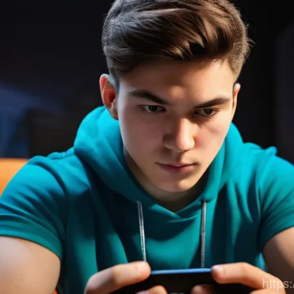 발로란트 모바일에서의 변화 - A close-up of a young male gamer, 18-22 years old, intensely focused on a smartphone screen, his thu...