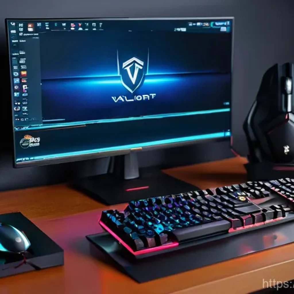 발로란트 공식 굿즈 판매 사이트 - A high-definition, realistic photograph of a Valorant fan's gaming desk setup. The monitor displays ...