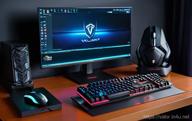 발로란트 공식 굿즈 판매 사이트 - A high-definition, realistic photograph of a Valorant fan's gaming desk setup. The monitor displays ...