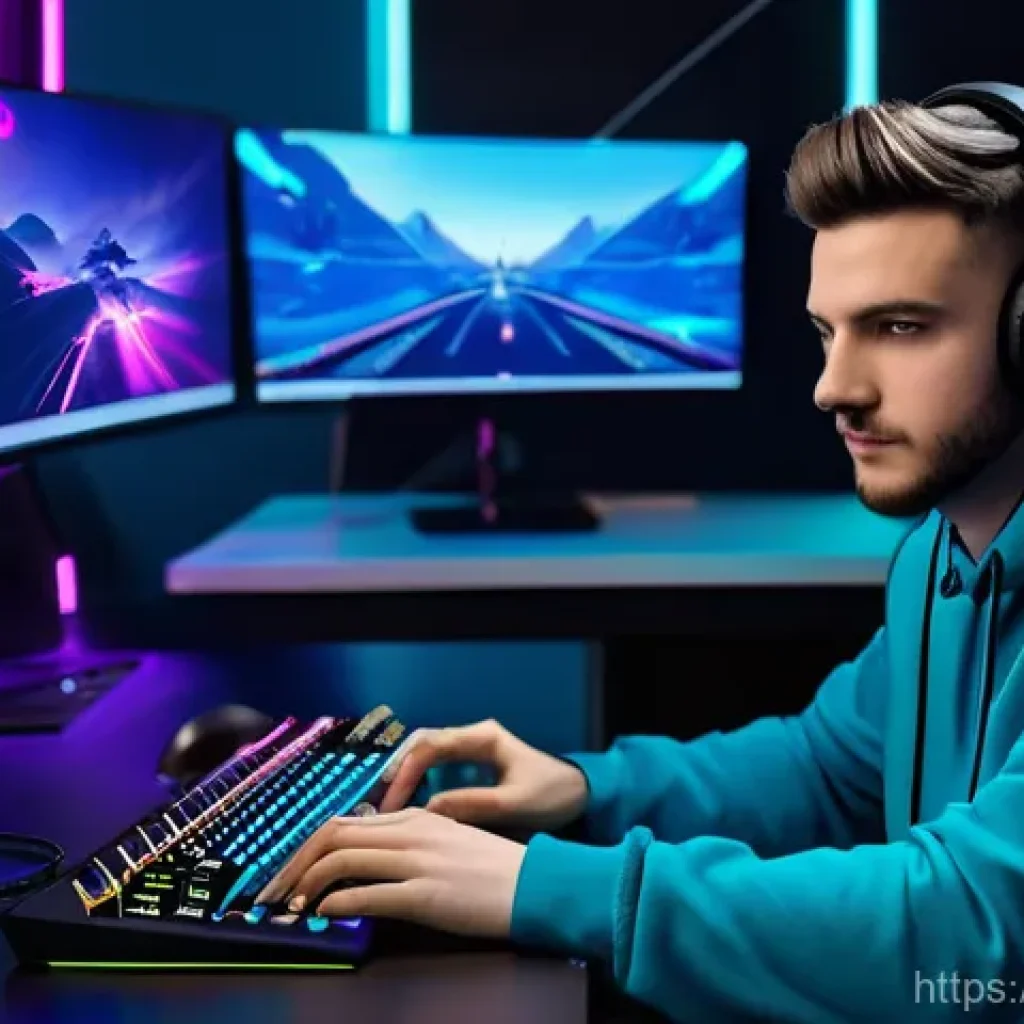 발로란트 e스포츠 콘텐츠 제작 - A dynamic, close-up shot of a young male content creator, early 20s, with a stylish haircut, wearing...