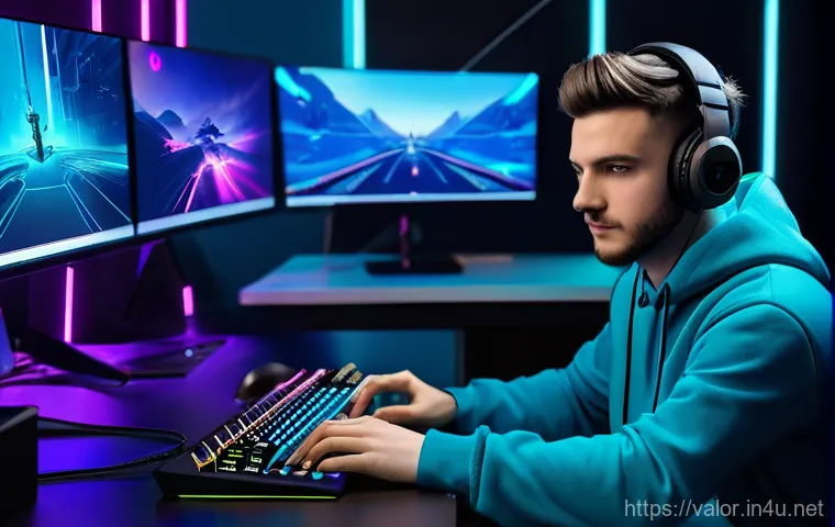 발로란트 e스포츠 콘텐츠 제작 - A dynamic, close-up shot of a young male content creator, early 20s, with a stylish haircut, wearing...