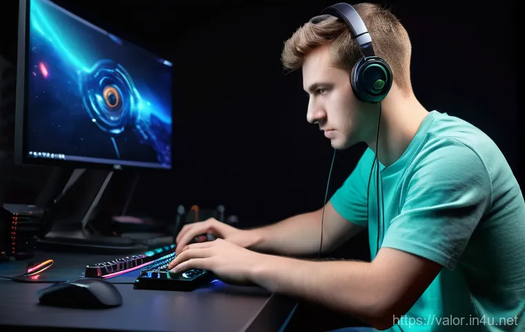 발로란트 감도 찾기 계산법 - A young adult male gamer, wearing a comfortable graphic t-shirt and jeans, sits intensely focused at...