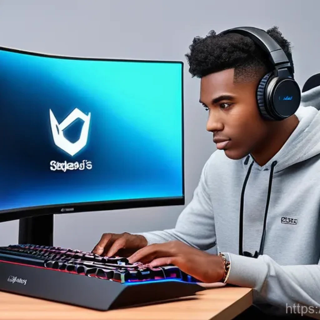발로란트 전용 키보드 설정법 - **Prompt:** A young male gamer (18-25) with a focused expression sitting in a modern gaming setup, h...