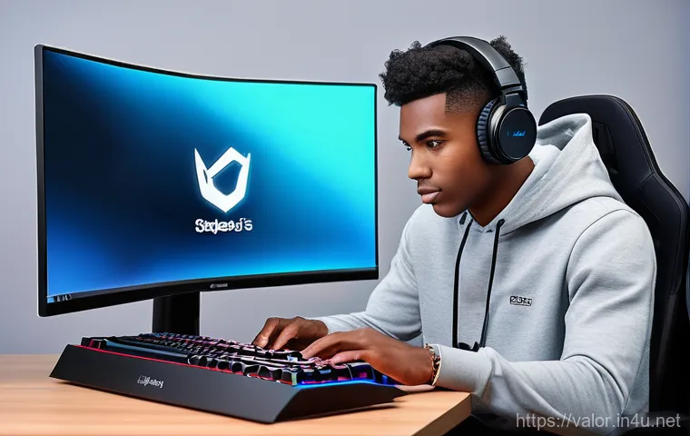 발로란트 전용 키보드 설정법 - **Prompt:** A young male gamer (18-25) with a focused expression sitting in a modern gaming setup, h...
