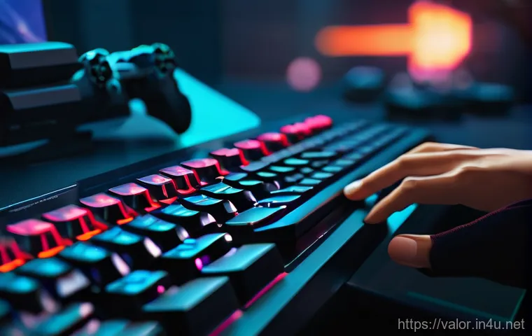 발로란트 전용 키보드 설정법 - **Prompt:** A young male gamer (18-25) with a focused expression sitting in a modern gaming setup, h...