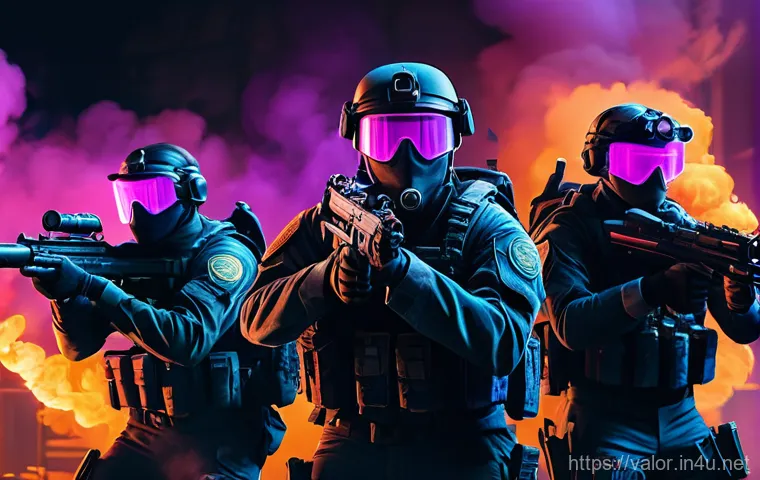 발로란트 유저 리뷰에 기반한 추천 - A cinematic, wide-angle shot of a Valorant team in a tactical firefight on the 'Ascent' map. In the ...