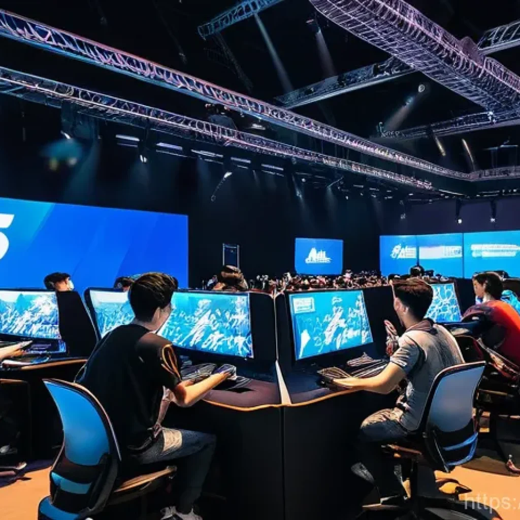 발로란트 공식 이벤트 공지 - A vibrant, high-energy esports arena filled with a diverse crowd of Valorant fans, cheering enthusia...
