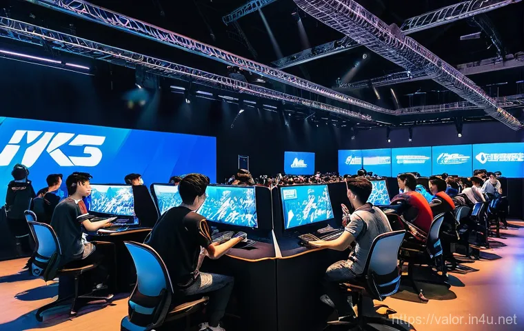 발로란트 공식 이벤트 공지 - A vibrant, high-energy esports arena filled with a diverse crowd of Valorant fans, cheering enthusia...