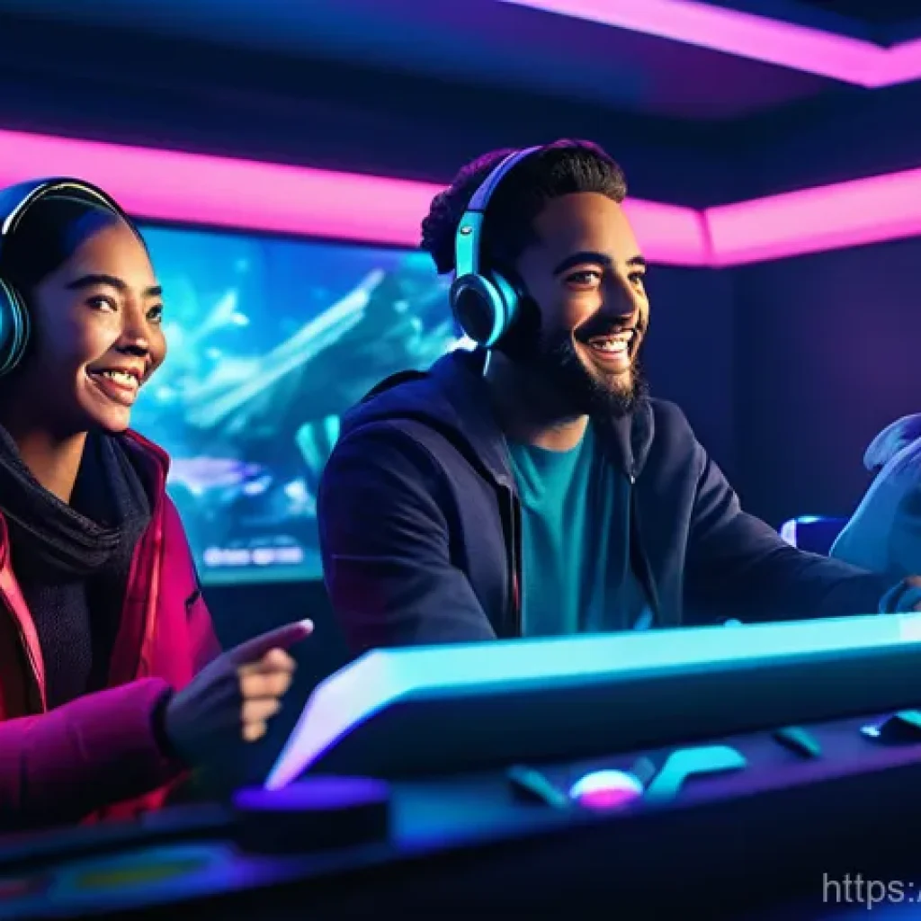 발로란트 신규 시즌 보상 소개 - A diverse group of five Valorant players, one female and four male, are gathered around a large gami...