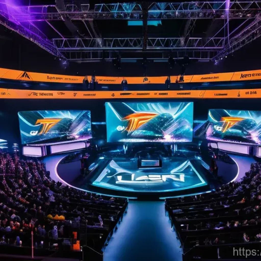 발로란트 유저 기반 콘텐츠 확장 - **Vibrant Esports Spectacle:** A dynamic, wide shot of a massive esports arena filled with a diverse...