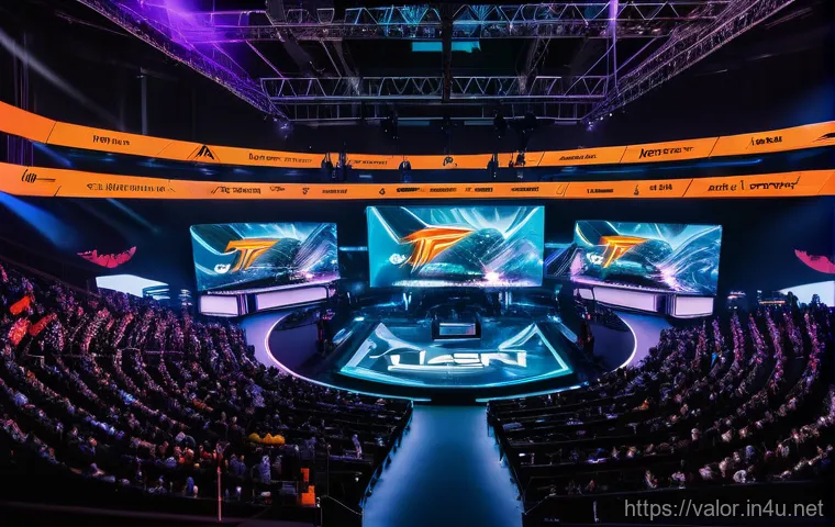 발로란트 유저 기반 콘텐츠 확장 - **Vibrant Esports Spectacle:** A dynamic, wide shot of a massive esports arena filled with a diverse...