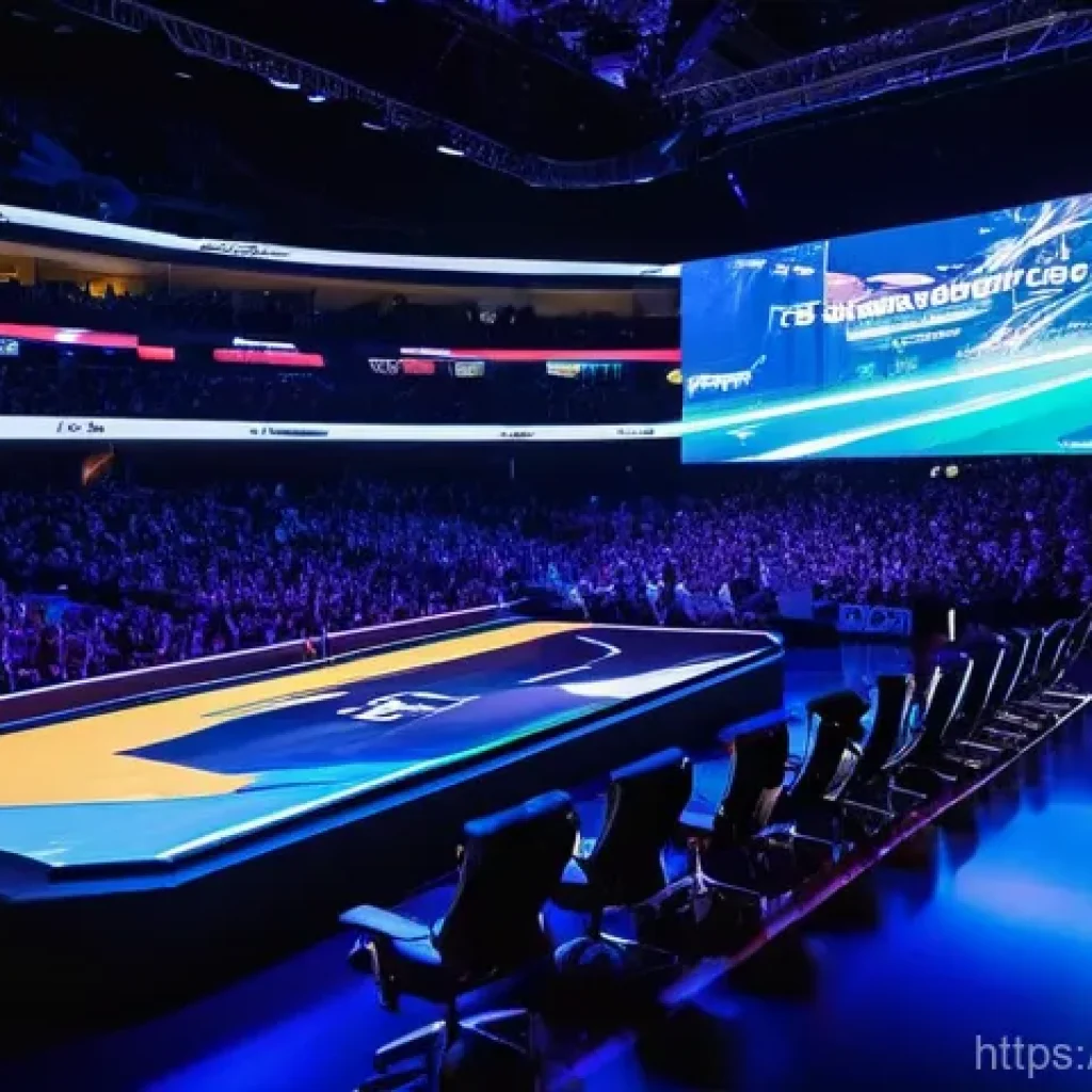 발로란트 e스포츠 팀 순위 - **Valorant Esports Grand Finals Atmosphere:** A wide, dynamic shot of a massive, futuristic esports ...