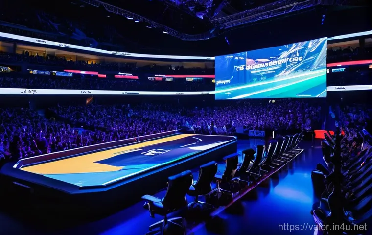 발로란트 e스포츠 팀 순위 - **Valorant Esports Grand Finals Atmosphere:** A wide, dynamic shot of a massive, futuristic esports ...