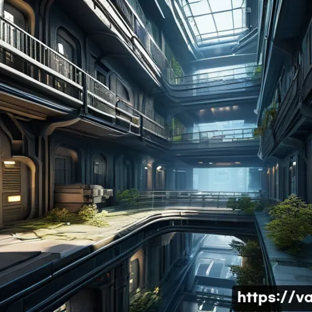 발로란트 새로운 맵 콘텐츠 - A highly detailed multi-level futuristic game map environment showcasing complex layered architectur...