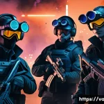 발로란트 유저 리뷰 총평 - A dynamic team of five Valorant agents coordinating strategically in a tense urban battlefield at du...