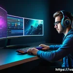 발로란트 계정 보안 설정법 - A detailed digital illustration of a young gamer sitting at a sleek modern desk in a dimly lit room,...