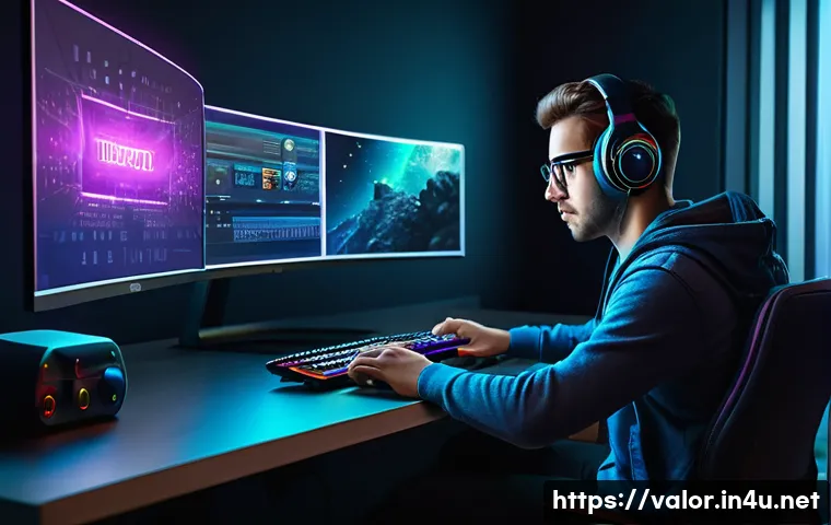 발로란트 계정 보안 설정법 - A detailed digital illustration of a young gamer sitting at a sleek modern desk in a dimly lit room,...
