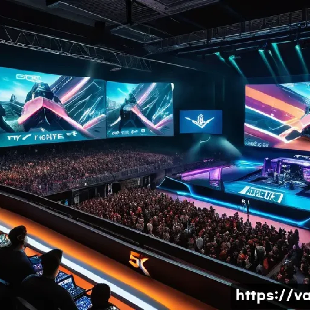 발로란트 최고의 유저 기반 콘텐츠 - A vibrant esports arena scene showcasing a high-stakes Valorant 5v5 team match in progress, with int...