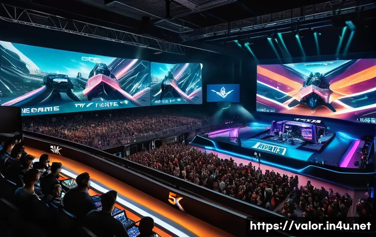 발로란트 최고의 유저 기반 콘텐츠 - A vibrant esports arena scene showcasing a high-stakes Valorant 5v5 team match in progress, with int...