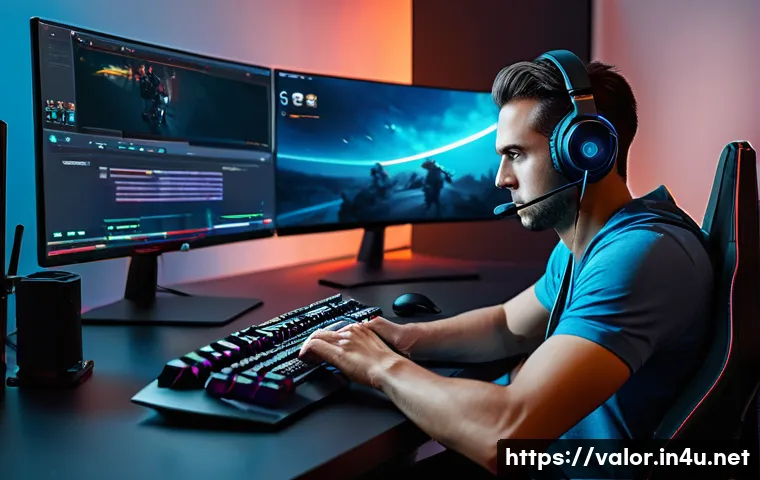 발로란트 유저가 선호하는 팁 - A detailed, high-energy gaming scene showing a focused player sitting at a modern gaming desk with d...