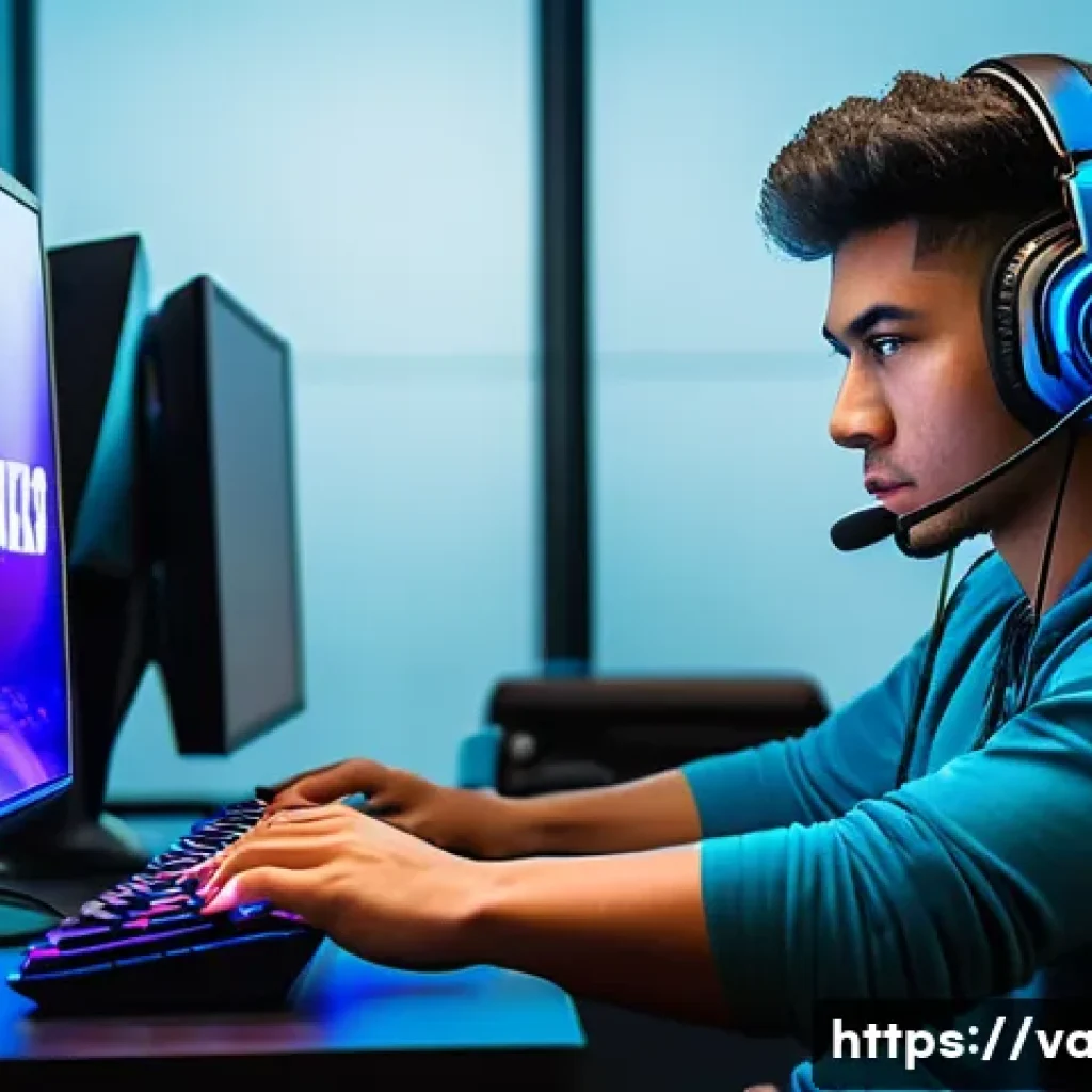 발로란트 단기 실력 향상 훈련법 - A focused esports player seated at a sleek gaming desk in a modern, dimly lit room, intensely practi...