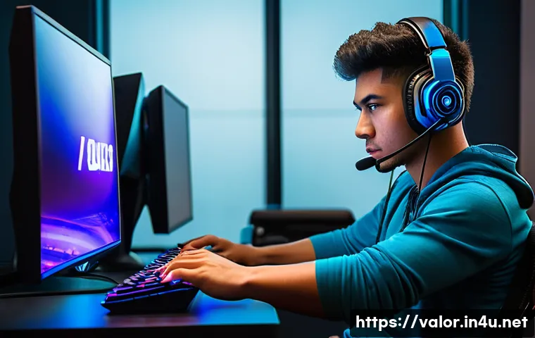 발로란트 단기 실력 향상 훈련법 - A focused esports player seated at a sleek gaming desk in a modern, dimly lit room, intensely practi...
