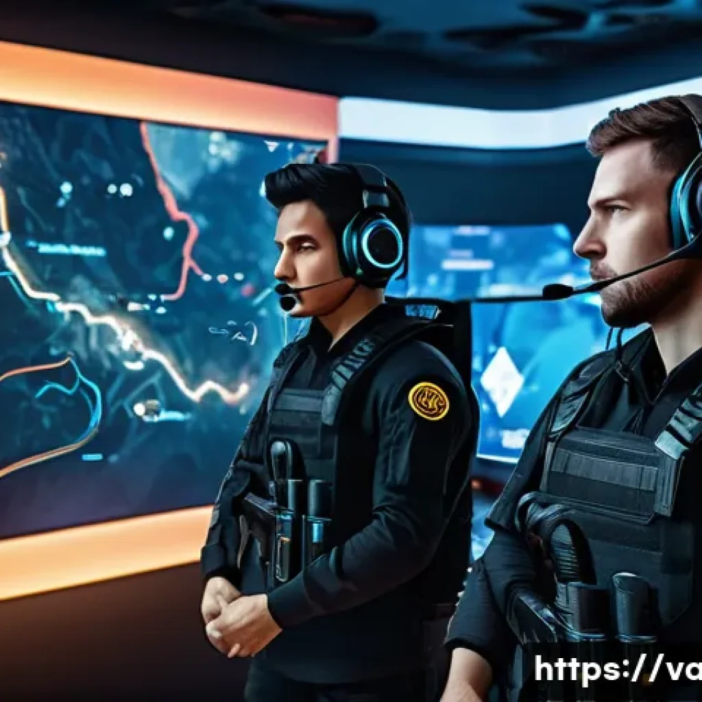 발로란트 최적 커뮤니케이션 툴 - A dynamic in-game scene from a tactical first-person shooter, showing a diverse team of five gamers ...