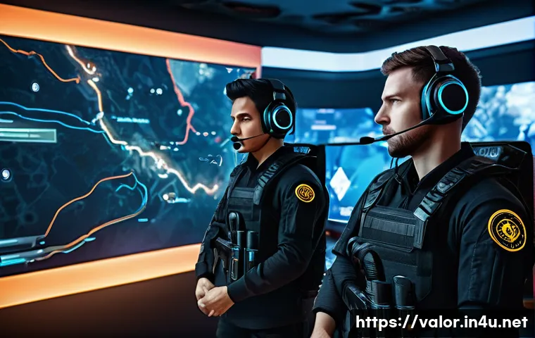 발로란트 최적 커뮤니케이션 툴 - A dynamic in-game scene from a tactical first-person shooter, showing a diverse team of five gamers ...