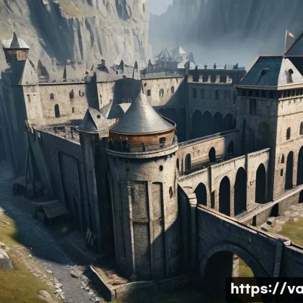 발로란트 최신 맵 출시 계획 - A detailed, immersive scene of a Valorant map combining medieval castle architecture with industrial...