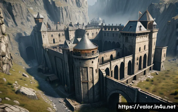 발로란트 최신 맵 출시 계획 - A detailed, immersive scene of a Valorant map combining medieval castle architecture with industrial...