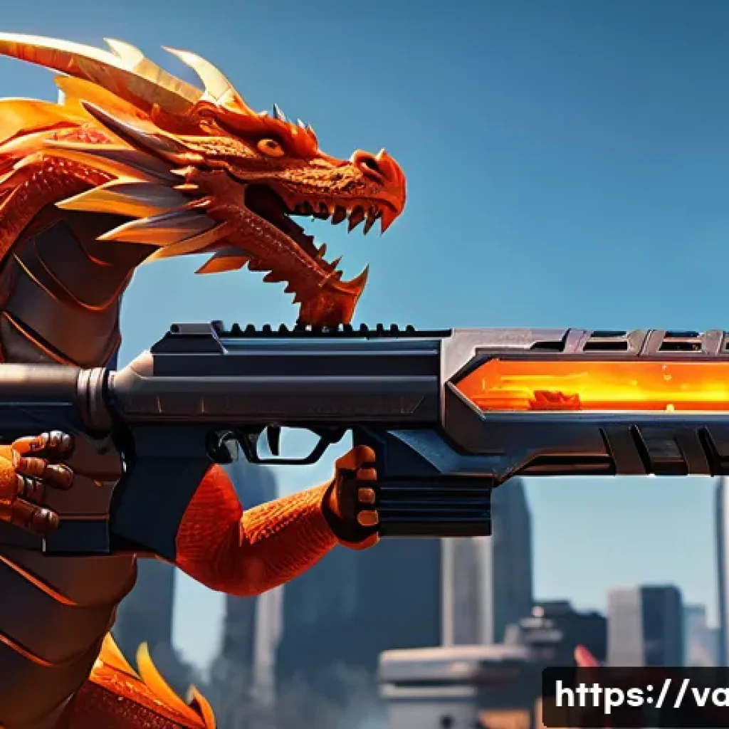 발로란트 스킨의 진화와 변화 - A futuristic Valorant weapon skin featuring intricate glowing dragon animations wrapping around the ...