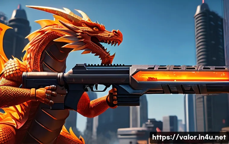 발로란트 스킨의 진화와 변화 - A futuristic Valorant weapon skin featuring intricate glowing dragon animations wrapping around the ...