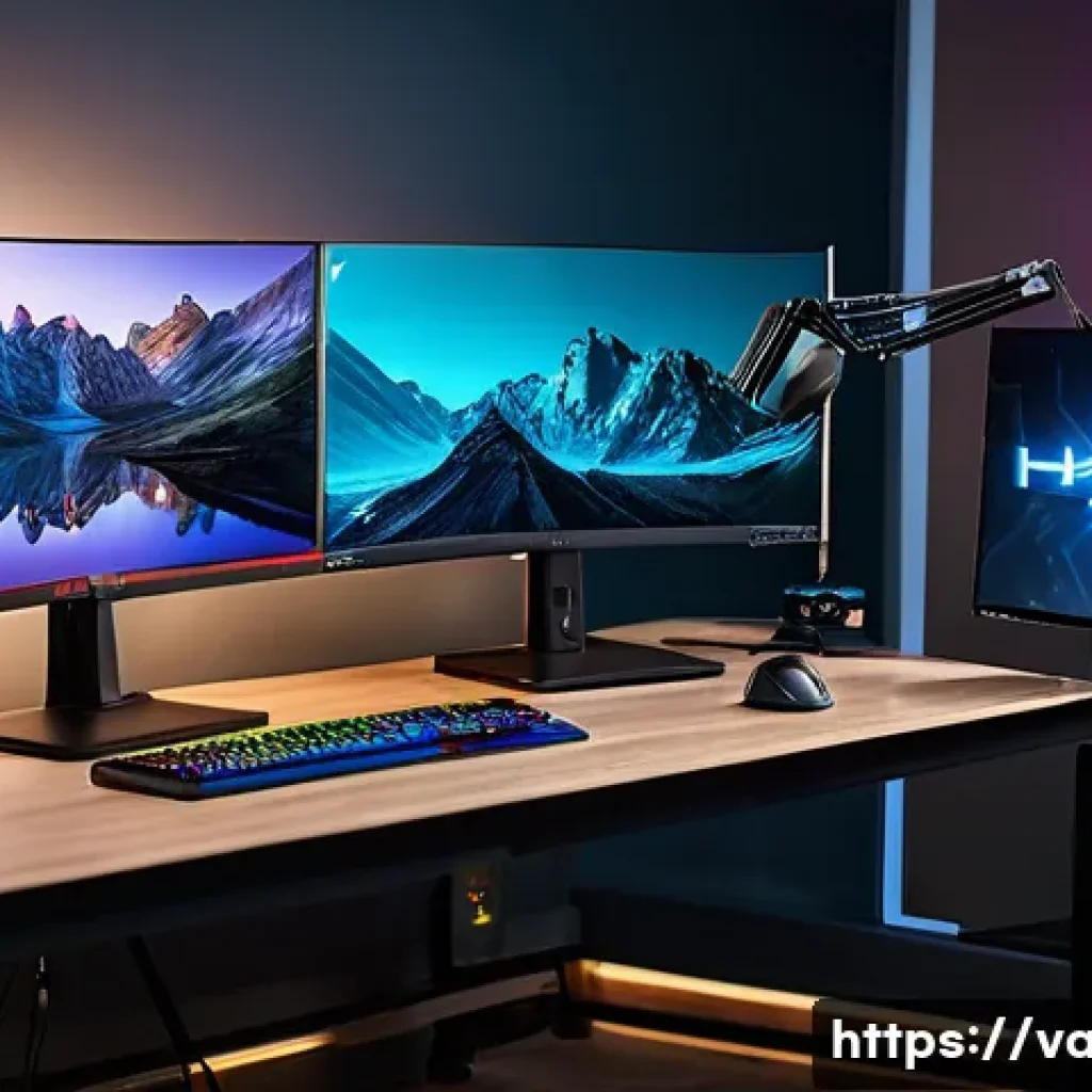 발로란트 실시간 스트리밍 가이드 - A high-tech gaming streaming setup showcasing a sleek, modern PC with dual monitors displaying Valor...