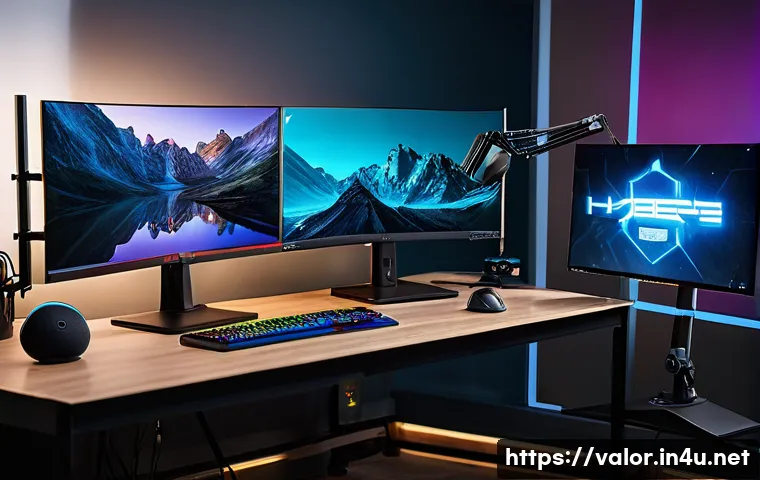 발로란트 실시간 스트리밍 가이드 - A high-tech gaming streaming setup showcasing a sleek, modern PC with dual monitors displaying Valor...